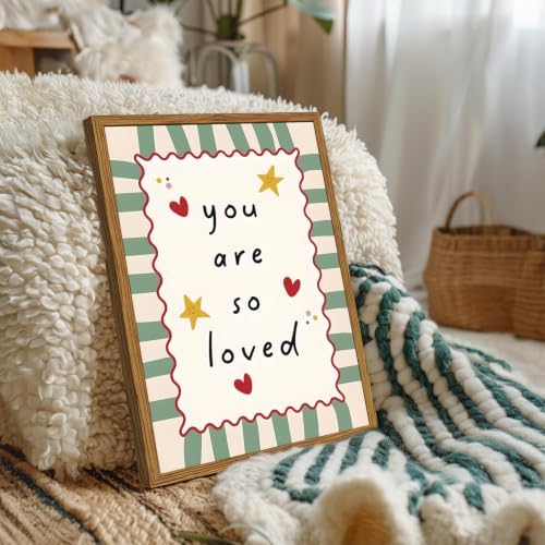 Framed You Are So Loved Wall Art, Cute Baby Boy Girl Nursery Wall Decor, Sage Green Striped Inspirational Quote Paintings Canvas Prints Pictures for Toddler Kids Bedroom 12x16 inch