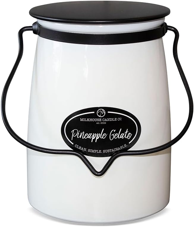 Milkhouse Pineapple Gelato Soy Candle, 22 oz Butter Jar, 120+ Hr Burn