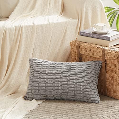 Fancy Homi 4 Packs Grey Decorative Throw Pillow Covers 14x24 Inch for Living Room Couch Bed, Rustic Modern Farmhouse Boho Home Decor, Soft Plush Corduroy Gray Cute Square Accent Cushion Case 35x60 cm