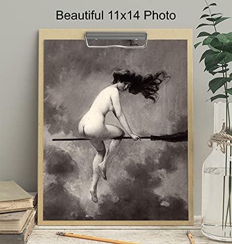 Witchy Pagan Wall Art & Decor - LARGE 11X14 - Vintage Creepy Spooky Gothic Gift for Witchcraft, Wicca, Wiccan, Occult Fan - Witch on Broomstick - Goth Poster Picture Print - Unframed