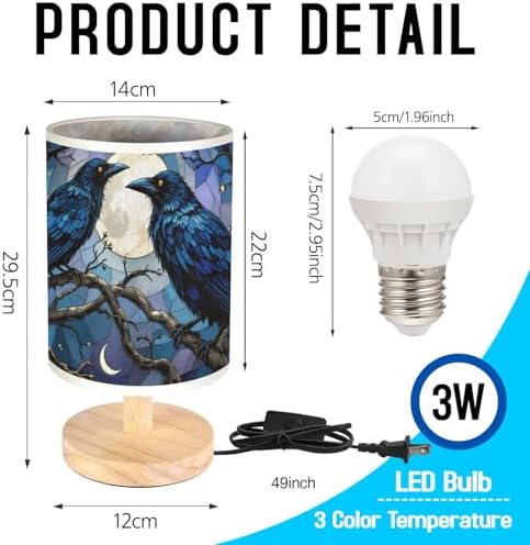 Raven and Crow Table Lamp LED 3-Color Pressed Bedside, Raven and Crow Shade Lamp with Wood Base for Bedroom Living Room Desk Office TL01