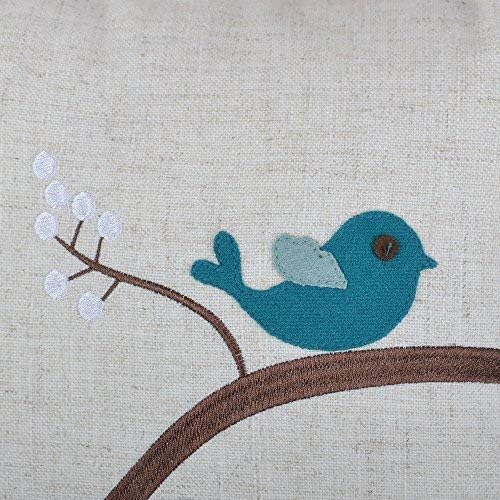 JWH Birds Pillow Covers 18x18 Decorative Throw Pillow Tree Embroidered Accent Pillow Cases Teal Cushion Cute for Home Couch Bed Living Room Bedroom Decor Euro Shams White and Blue