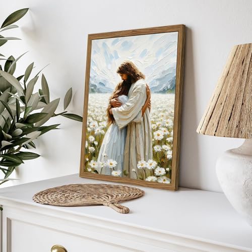 Framed 3D Textured Jesus Embracing Woman Wall Art, Jesus Hugging Woman Wall Decor Hand Drawn Sandstone Religious Christian Bible Painting Pictures for Bedroom Living Prayer Room 12x16 in Wood Framed