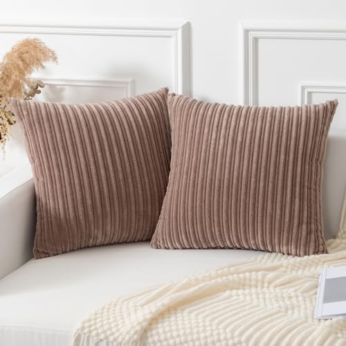 Kevin Textile Striped Corduroy 24”x24” Pillow Covers 2 Pack, Light Brown