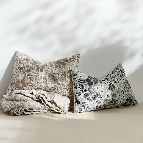 Vintage Floral Lumbar Pillow Covers 12x20 Pack of 2 Country Farmhouse Accents Chenille Jacquad Rectangular Decorative Throw Pillow Cases for Living Room Couch Bed Home Decor, Black