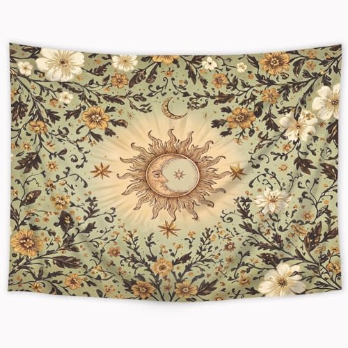 Riyidecor Boho Sun and Moon Tapestry 80Wx60H Inch Green Bohemian Retro Floral Flower Leaves Plant Botanical Vintage Hippie Rustic Wall Hanging Artistic Home Dorm Decor Art Living Room Bedroom