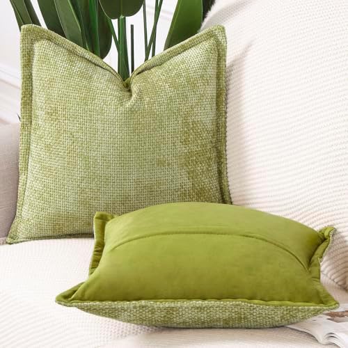 MADIZZ Decorative Chenille Velvet Throw Pillow Covers Set of 2 Soft Boho Textured Neutral Couch Throw Pillow for Bed Modern Farmhouse Home Decor for Sofa Livingroom Light Green 18x18 Inch