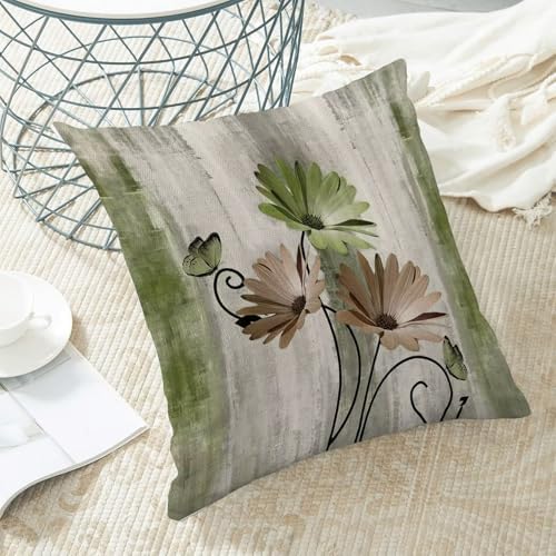 Sage Green Brown Floral Pillow Covers 18 x 18 Inch Set of 2 Daisy Floral Butterfly Decorative Throw Pillow Covers Linen Rustic Farmhouse Cushion Cases for Home Sofa Couch Living Room Decor