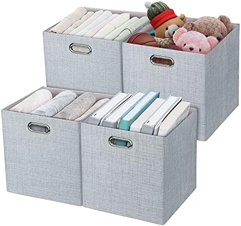 Posprica 3X Thicker Fabric Storage Cubes 13 inch Collapsible Storage Bins for Organization, Cubby Storage Baskets for Organizing Shelf Cabinet Bookcase Boxes, Set of 4, Silver Grey