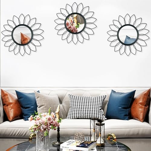 3 Pack Metal Mirrors for Wall Sunburst Wall Mirrors Home Décor Decorative Hanging Wall Art for Living Room Bedroom Entryway (Black, Flowers)