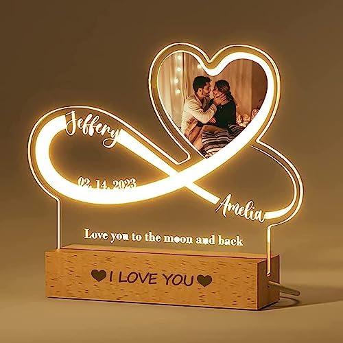 Personalized Photo Acrylic Sign Plaque Gifts for Anniversary Valentines Birthday Customizable LED Night Light Wooden Base Lamps Desk Bedroom Decor Signs