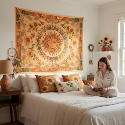 Accnicc Yellow Sun and Moon Tapestry Vintage Indie Boho Tapestry Wall Hanging with Sunflowers Butterfly Moth Constellation Aesthetic Wall Tapestries for Bedroom Dorm Living Room (Orange, 70.8'' ×