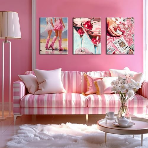Framed Pink Preppy Wall Art Set of 3, Cowgirl Boots Cherry Cocktail Pictures Wall Decor, Trendy Poker Paintings Canvas Prints Girly Aesthetic Home Decor for Living Room Bedroom Dorm Bar 16x24 inch