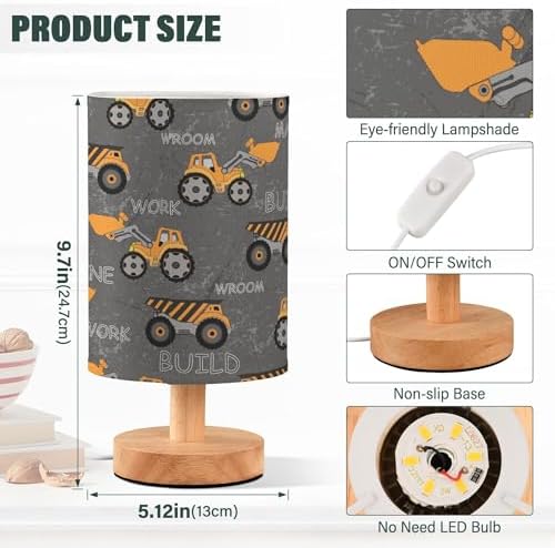 Table Lamp Construction Car Truck Excavator Nightstand Lamp with Wood Base Fabric Lamp Shade Bedside Desk Lamp for Living Room Bedroom Kids Room Office