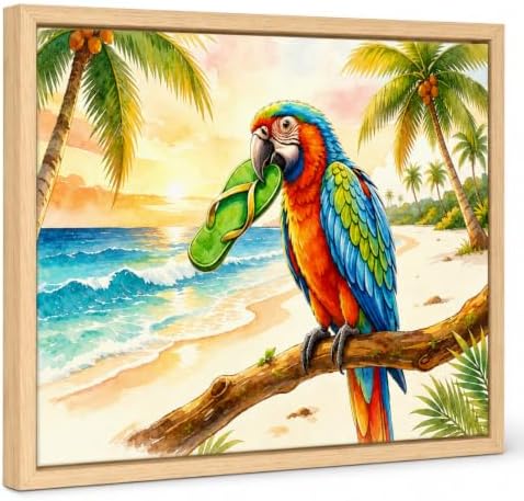 Framed Funny Parrot Bathroom Wall Art, Tropical Macaw Coastal Canvas Print | Coastal Beach Decor Colorful Bird Picture for Bath Pool House Tropical Palm Tree Poster Beach House Wall Decor 16x24Inches