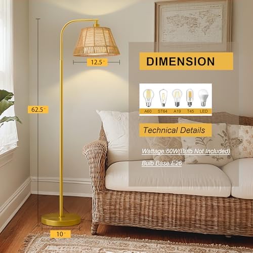 Oneach Arc Floor Lamp for Living Room,Rattan Boho Floor Lamp with Hand-Woven Wicker & Fabric Shade, Foot Switch,Gold Metal Base & Pole,Farmhouse Standing Lamp for Bedroom Corner,Office,Reading