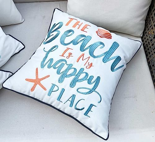 Embroidered The Beach is My Happy Place Throw Pillow Cover,Square 18 inches Decorative Canvas Pillow Cover with The Beach is My Happy Place Pattern,Cover Only