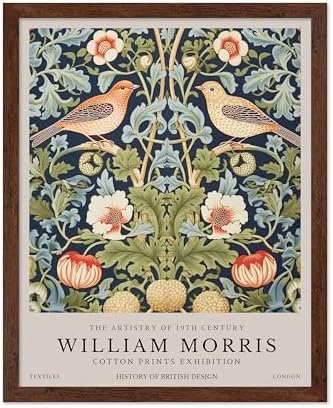 Poster Master William Morris Poster - Strawberry Thief Print - Bird Art - Botanical Design - Flower Art - Exhibition Display - Animal Illustration - Floral Design - Office or Bedroom Wall Decor - 8x10 Brown Framed