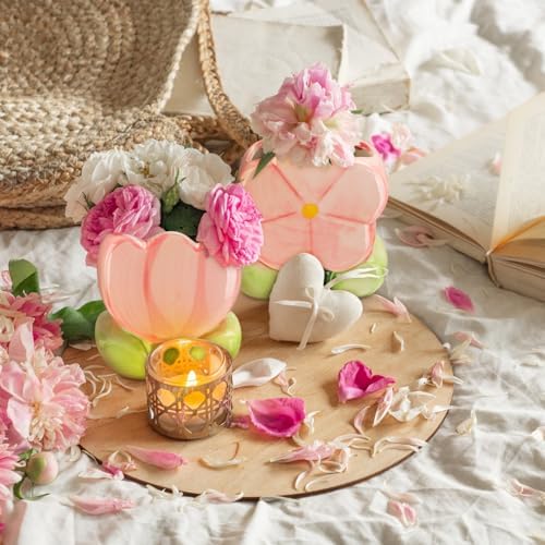 2 Pcs Pink Flower Ceramic Pen Holder Cute Tulip Pencil Holder Aesthetic Flower Makeup Brush Vase Decorative Desktop Organizer Birthday Gift for Women Office Home Wedding Party Decor