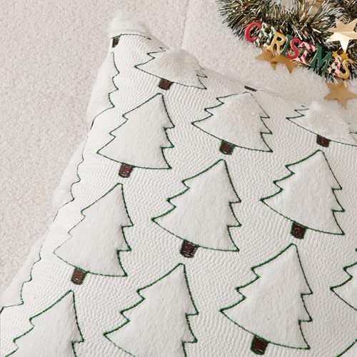 Kevin Textile Christmas Tree 14x36 Inch Long Lumbar 1 Pack Luxury Embroidery Soft Plush Faux Fur Rectangle Cushion Case for Couch Sofa Holiday Festivals Winter Xmas Gift, Cream White & Green