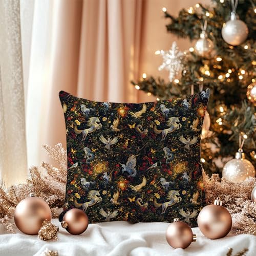 Enchanted Forest Mystical Animal Pillow Cover 18x18 Double-Sided, Whimsical Magical Forest Horse Bird Fox Dark Floral Decorative Throw Pillow Cover for Home Bedroom Living Room