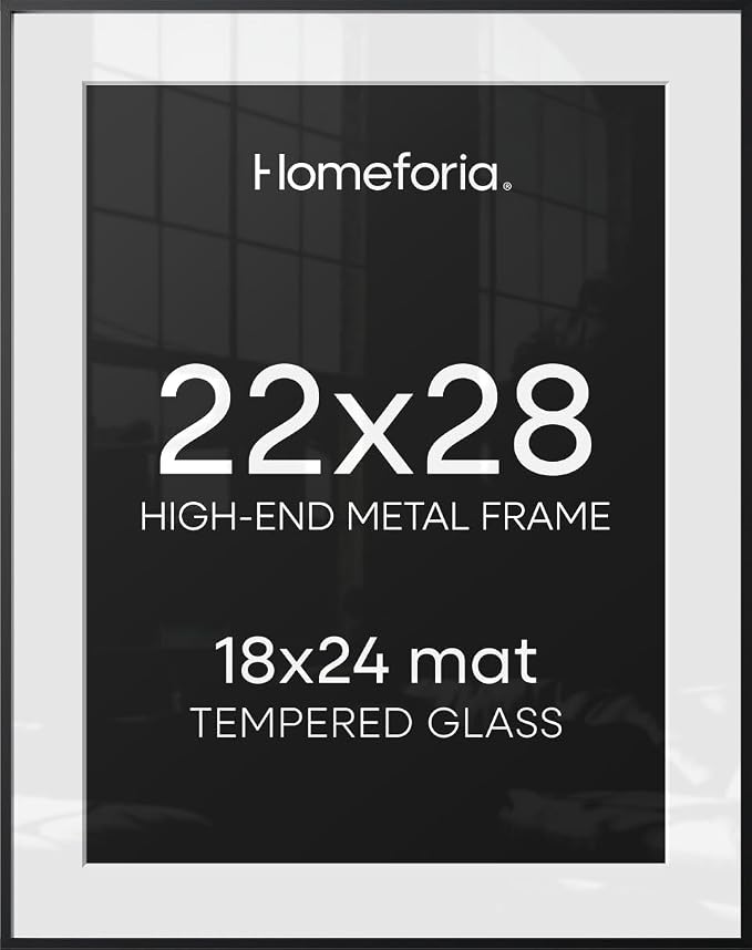 Homeforia 22x28 Black Poster Frame, High-End Metal, 18x24 Mat, Glass