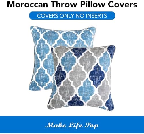 Beauoop Throw Pillow Covers 18x18 for Couch Sofa Moroccan Blue Gray 2 Sets