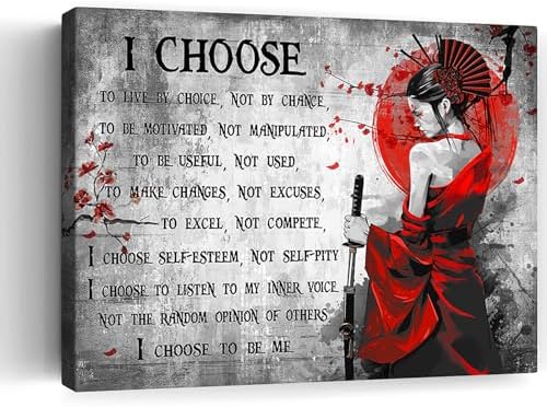 Motivational Japanese Samurai Wall Art Samurai Women Red Moon Canvas Wall Decor Inspirational Quotes I Choose Pictures Print Paintings Framed Artwork Home Decor For Office Living Room Gym 12x18 Inch