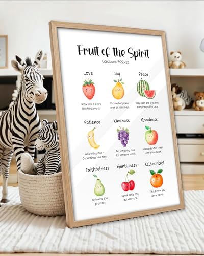 KensTro 12x16 Oak Framed Fruit of the Spirit Scripture Wall Art | Natural Oak Wood Frame with Galatians 5:22-23 Fruit Illustrations, Inspirational Christian Decor for Bedroom or Prayer Space