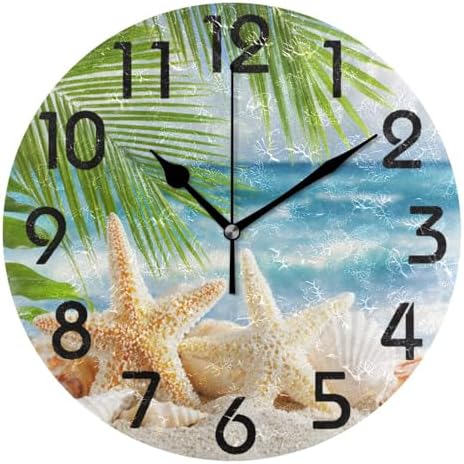 Naanle 3D Beautiful Tropical Summer Beach Starfish Shell on Sand Print Round Wall Clock Decorative, 9.5 Inch Battery Operated Quartz Analog Quiet Desk Clock for Home,Office,School