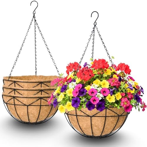 4 Pack 12 Inch Hanging Baskets for Plants Outdoor Metal Hanging Planters Round Hanging Flower Pots with Coco Coir Liner Plant Holder for Outdoor Patio Garden Balcony Decor - Geometric