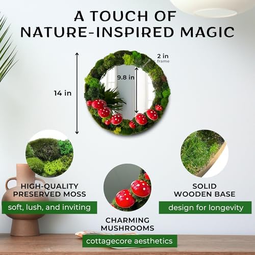 Lidy Mushroom Mirror 14'' - Mirrors for Wall with Preserved Moss - Handcrafted Mushroom Decor - Fairy & Forest Decor, Perfect for Nursery and Cottagecore Aesthetic