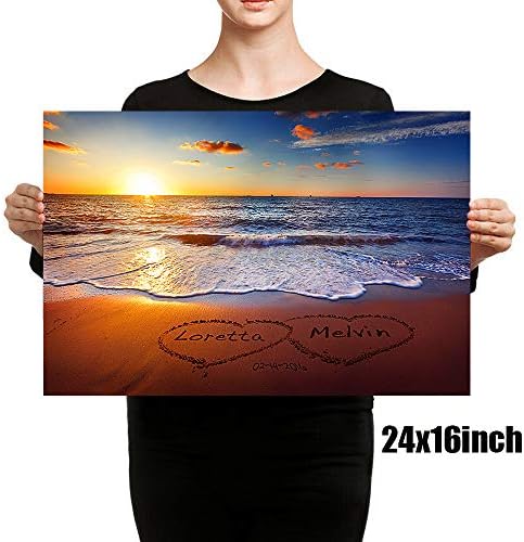 Love on Beach Heart in Heart Personalized Canvas Prints Artwork with Couple's Names and Date on,Perfect Love Gift for Anniversary,Wedding,Birthday and Holidays. 24x16 inches