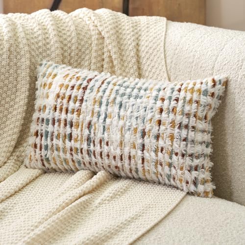Aeckself Boho Chenille Tufted Pillow Cover 12 x 20 Inch, Rectangle Decorative Lumbar Throw Pillow Cover Neutral Pillowcase for Couch Bedroom Living Room, Orange White