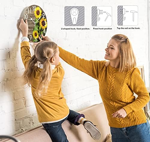 Naanle Stylish 3D Beautiful Sunflowers Vintage Wood Autumn Round Wall Clock, 9.5 Inch Battery Operated Quartz Analog Quiet Desk Clock for Home,Office,School