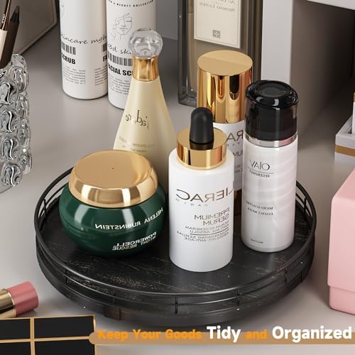 AMH 10-Inch Oak Lazy Susan Vanity Tray with Black Brushed Gold Rail