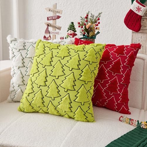 Kevin Textile Christmas Pillow Covers 18x18 Inch Set of 2 Interesting Christmas Tree Embroidery Soft Plush Faux Fur Pillowcases for Couch Sofa Holiday Festivals Winter Xmas Gift, Cream White