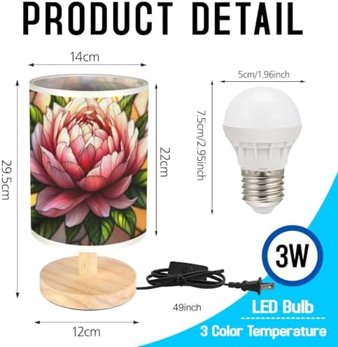 Peony Table Lamp LED 3-Color Pressed Bedside, Peony Shade Lamp with Wood Base for Bedroom Living Room Desk Office TL01