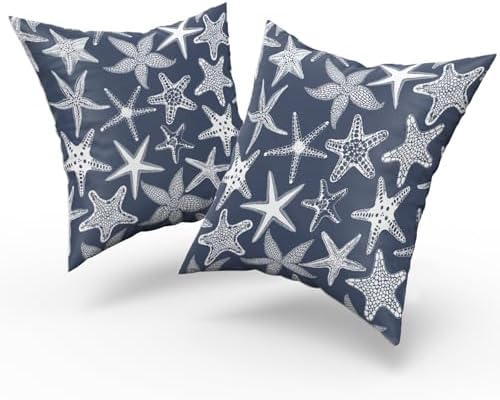 Giwawa Nautical Starfish Throw Pillow Covers 20"x20" Navy Blue Coastal Beach Themed Decorative Cotton Pillow Cases Summer Ocean Cushion Covers Set of 2 for Sofa Couch Bedding Living Room