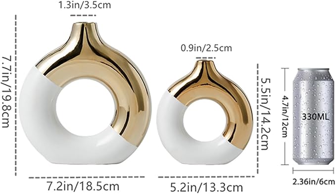 White and Gold Donut Vase, Modern Ceramic Vase for Pampas Grass, Perfect Centerpiece for Weddings, Living Room, and Office Decor (White Gold, S)