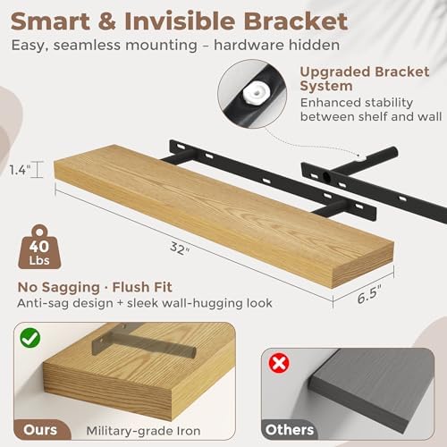 FLYJOE 32 Inch Floating Shelves for Wall Set of 2, 6.5" D Wood Grain Bathroom Shelves with Invisible Brackets, Easy Install Engineered Wood Storage Shelves for Kitchen, Living Room, Bedroom