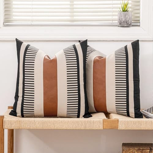 Set of 2 Farmhouse Striped Pillow Cover 18x18 Boho Accent Cushion Case Faux Leather Decorative Pillowcase,Black and Beige (Cover ONLY)