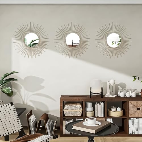 3 Pack Metal Mirrors for Wall Sunburst Wall Mirrors Home Décor Decorative Hanging Wall Art for Living Room Bedroom Entryway (Silver2, Sunburst)