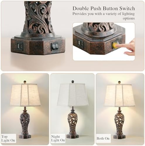 Set of 2 Farmhouse Table Lamps for Living Room with USB C+A Ports