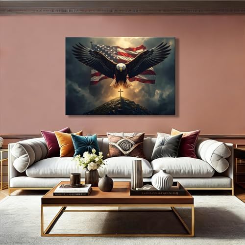 Patriotic Bald Eagle with US Flag & Cross Canvas Wall Art, Christian 4th of July Patriotic Wall Decor, Framed Inspirational Canvas Prints, Independence Day Pictures for Office, Bedroom