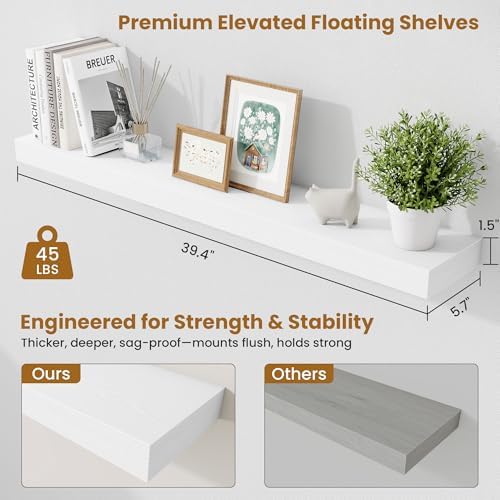 Fun Memories 40 Inch Floating Shelves, Long Wood Wall Shelf Set of 2 with Invisible Brackets, for Bathroom, Living Room, Bedroom, Kitchen, White