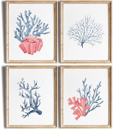 Beach Decor Art Prints (Set of 4) - Unframed - 11x14s | Serene and Inviting Coral-Themed Wall Art Prints | Perfect for Nautical and Ocean-Inspired Home Decor | Bathroom Wall | Apartment Decor