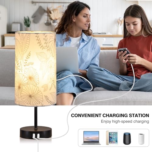 Bedside Touch Lamp with 2 USB Ports, Modern 3 Way Dimmable Small Lamp with Flower Fabric Shade, Nightstand Lamp for Living Room Bedroom Office End Table Dorm Room Kids Reading(E26 LED Bulb Included)