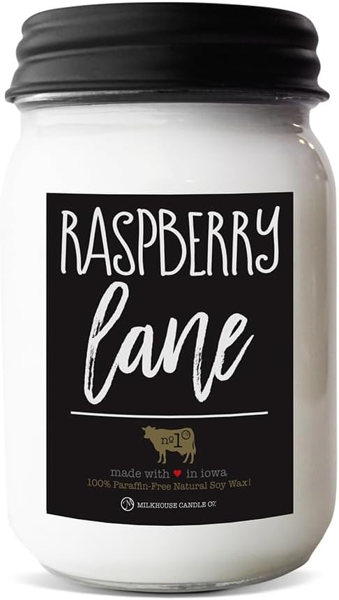 Milkhouse Raspberry Lane Soy Candle, 13 oz Mason Jar, 70+ Hr Burn