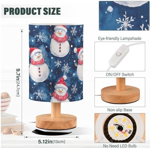 Winter Snowflake and Snowman Navy Blue and White Bedside Table Lamps with USB Port for Bedroom Lamp Accent Table Lamp Small Nightstand Lamp Linen Shade Wood Decorative Lamps for Home|Kids|Holiday